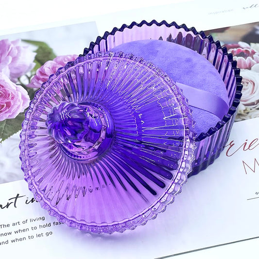 2 Pack Extra Large 5.2" Beige & Purple Powder Puffs and 5.3" Glass Container – Oversized Soft Body & Face Large Powder Puff Dusting Powder Jar Holder Case(Purple Glass)