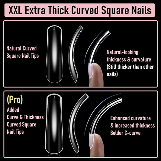 Curved Nail Tips Square Press on Full Cover Thicker Extra Curve Gel x Thick Long Acrylic Fake Nails, Clear Hard Gel French XXL False Nails for Nail Extension 12 Sizes 240 Pcs Q54 Pro