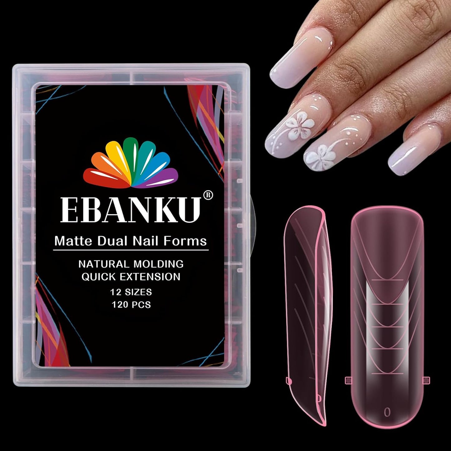 EBANKU Dual Nail Forms for Poly Extension Gel, 120 PCS Pink Nail Molds Reusable 12 Sizes Nail Extension Forms for Builder Gel Manicure Design Salon DIY