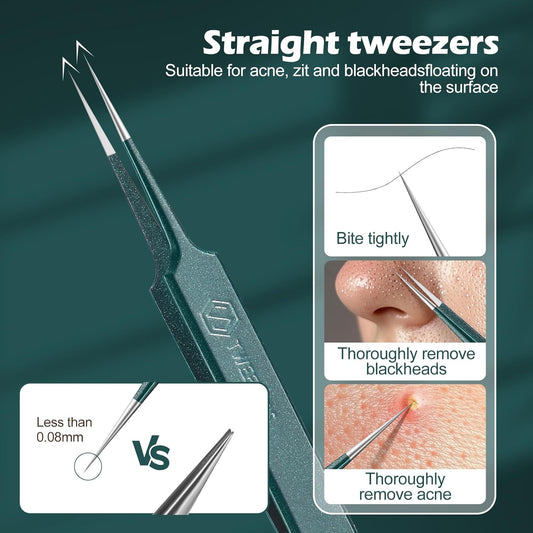 WSYUB Upgrade Professional Facial Blackhead Remover Tweezers, Ingrown Hair Tweezers,Extractor Acne Removal, Pimple Popper Tool,Green