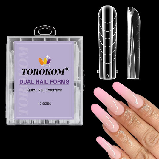 TOROKOM 120Pcs Poly Extension Gel Dual Nail Forms Clear Nail Forms Full Cover Coffin Nail Molds 12 Sizes for Gel Manicure Nail Art Design Salon&DIY