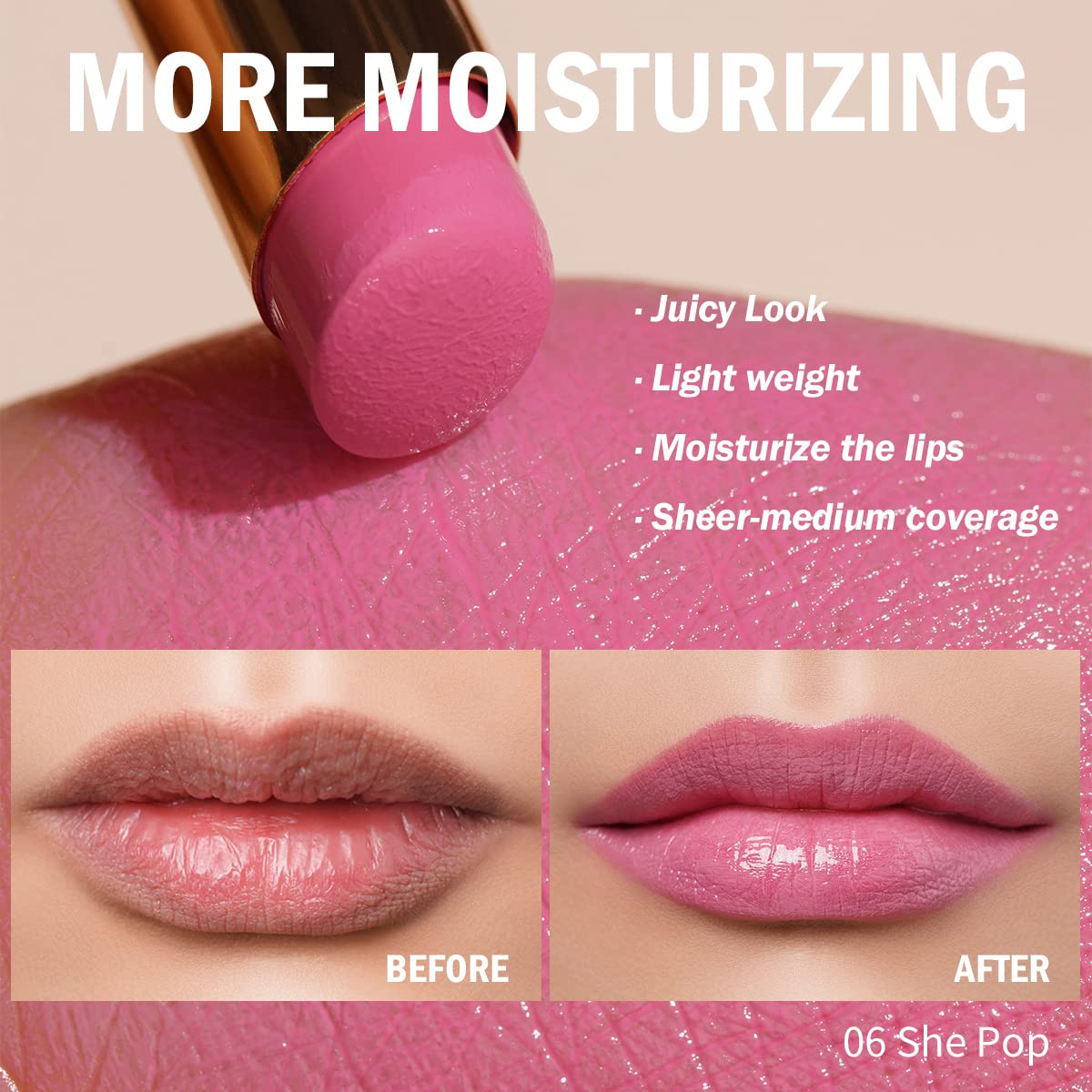 Oulac Pink Lipstick Moisturizing Shine Lipstick - Moisturizing Lip Stick Glossy Tinted Lip Balm, Sheer Shine Juicy Finish, Lightweight and Hydrating Formula for Dry Lip Care, Vegan 2.2g/0.07oz (06)