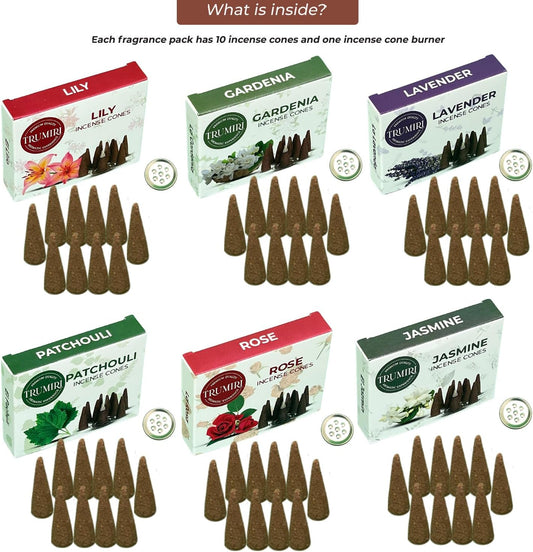 Trumiri Floral Incense Cones - Variety Pack - Total 60 Cone Incense (6 Scents x 10 Conos) - Rose, Lavender, Jasmin, Patchouli, Gardenia, Lily - Cone Incense Scents - Insense Cones - Incent Cone