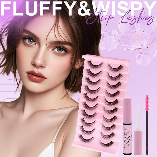 Strip Lash with Glue for DIY Lash-users: 10 Pairs, DIY, Natural Look, Fluffy, Manga, Wispy, Waterproof, Anime, Cat Eye, D Curl, XH03