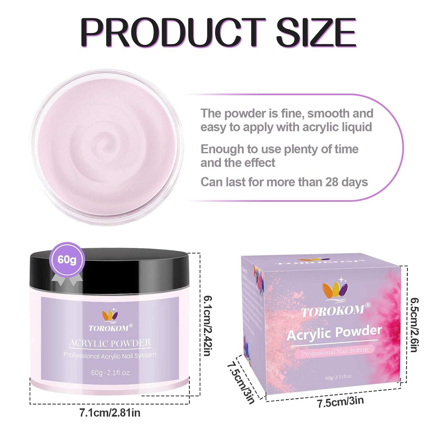 TOROKOM Acrylic Nail Powder Set, 2 Colors Nude Pink Acrylic Powder Colored for 3D Art Nail Carving French Nail Extension, Long-Lasting Nail Powder - No Need Nail Lamp, 2 * 60g