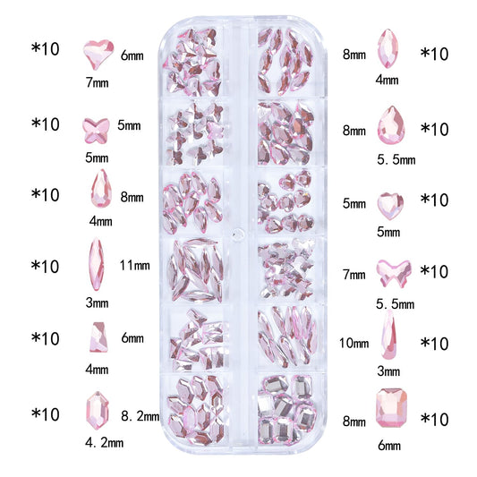 HNUIX Nail Rhinestones - 3D Multi Shape Size Crystal, Light Pink Nail Gems, Flat Back, with Kit, for Nail Art, DIY Decorations