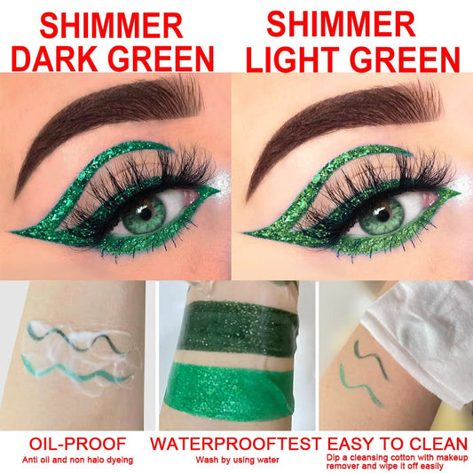 evpct 2Pcs Emerald Dark Green Glitter Shimmer Liquid Eyeliner Eye Shadow Makeup Pencil, Green Face Body Glitter Fake Eyelashes Lashes Mascara Accessories, Sparkle Metallic Colored Eyeliner Waterproof