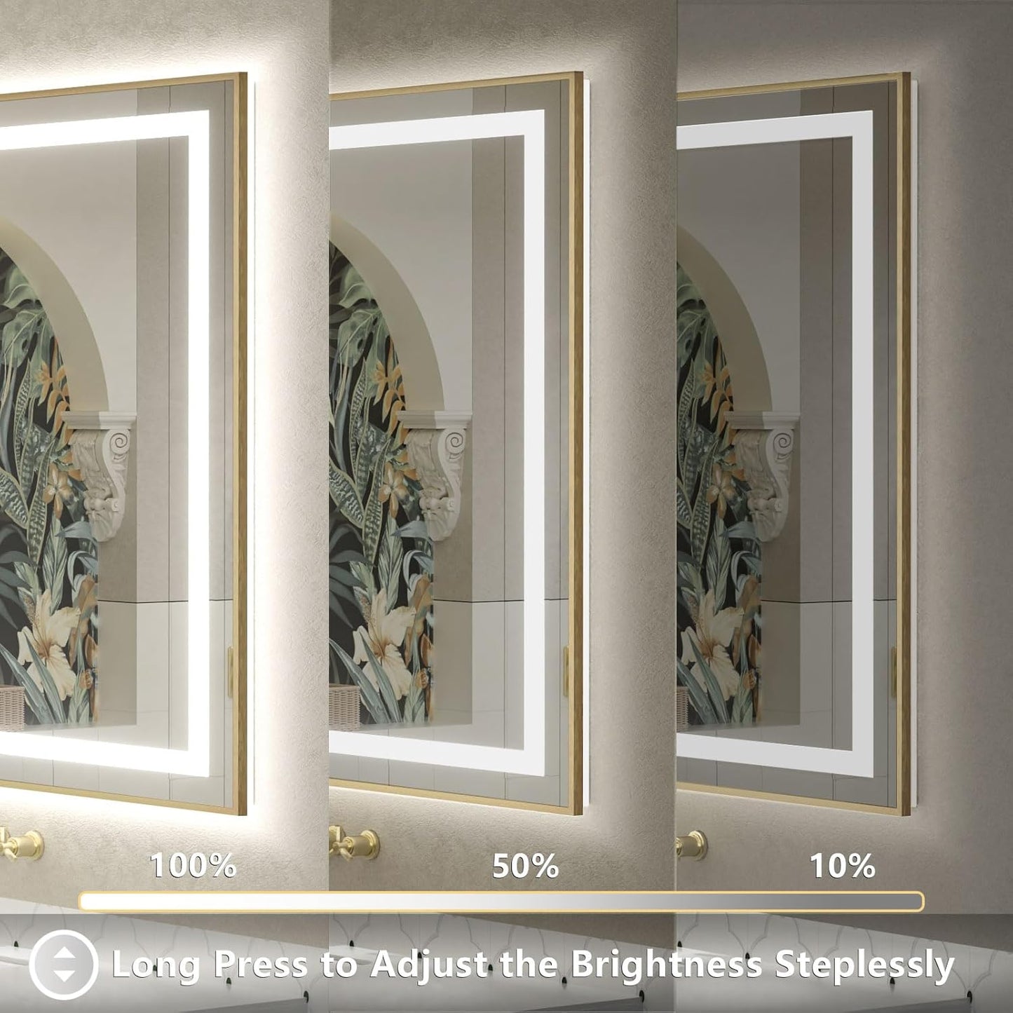 OKPAL 28x32 Gold LED Bathroom Mirror with Lights, Frontlit & Backlit Metal Framed Mirror, Lighted Bathroom Vanity Mirror, Anti-Fog, Dimmable 3 Colors, Shatterproof, Horizontal/Vertical