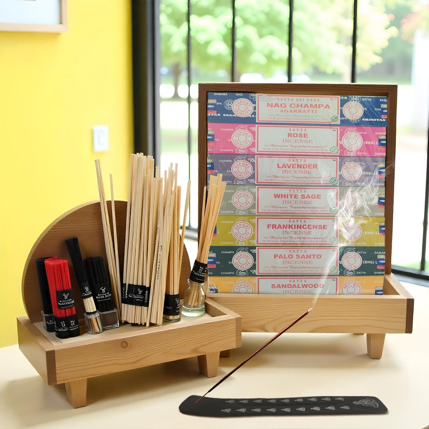 Incense Holder Bundled with Satya Sai Baba Incense Gift Set Nag Champa, White Sage, Lavender, Rose, Palo Santo, Frankincense, Sandalwood 15gms