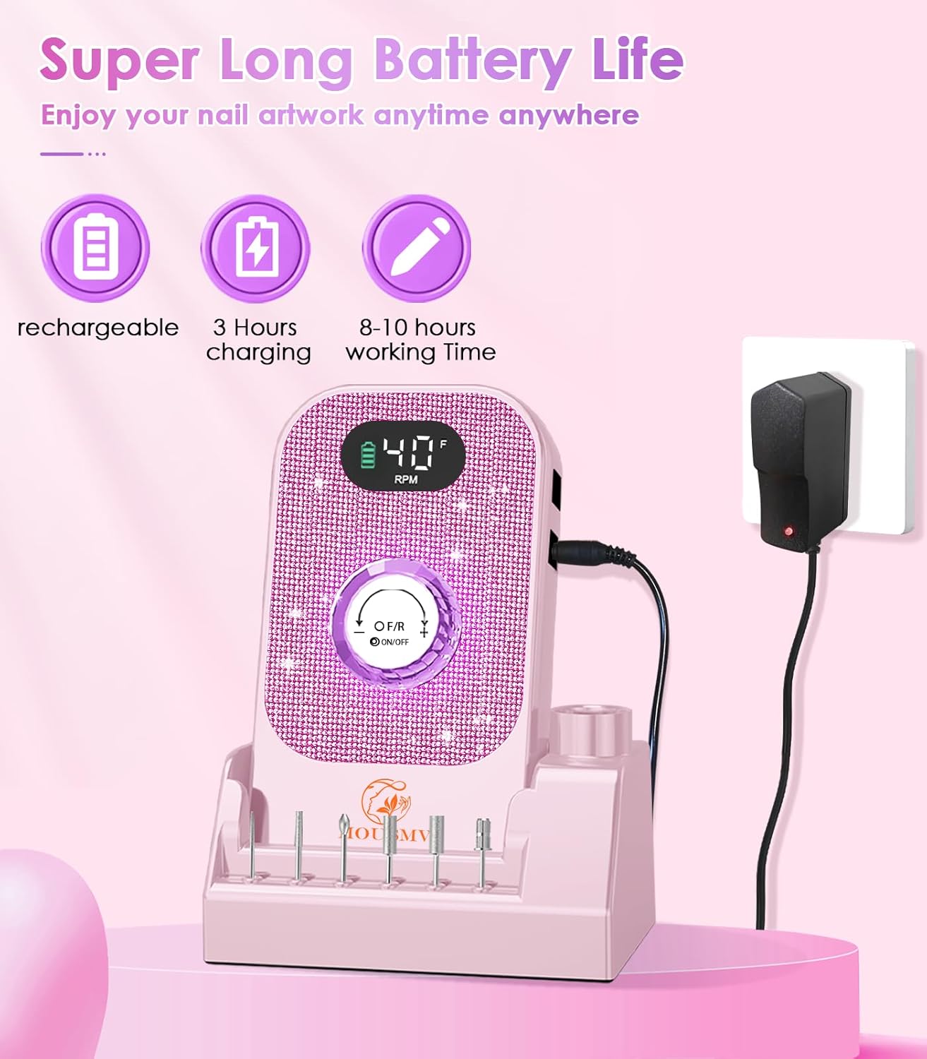 Portable Nail Drill Electric File: Professional Nail E File Machine 40000RPM Rechargeable Cordless Pink Diamond Nail Drill with Bits & Base for for Acrylic Nails Remove Gel Polish Manicure, Salon Home