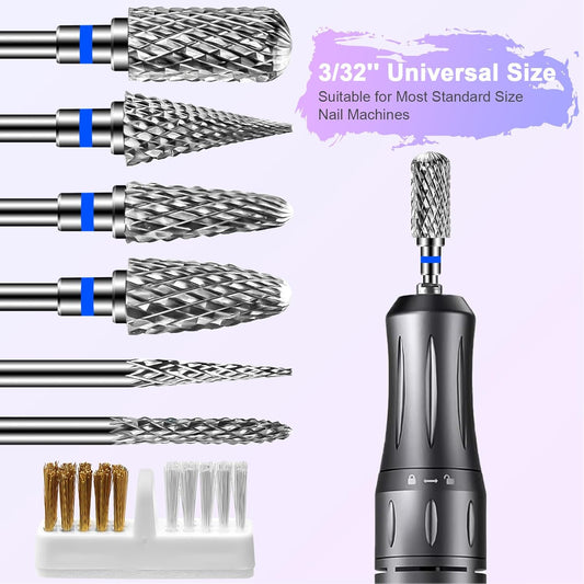 6 Pack Nail Drill Bits for Acrylic Nails, 3/32" Shank Drill Bits for Nails Professional Electric Cuticle Drill Bit, Cuticle Cleaner Nail Gel Polish Remover Tool for Home Salon Nail Bits-Blue
