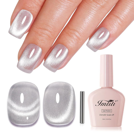 Imtiti Cat Eye Gel Nail Polish, Sliver Holographic Magnetic Crystal Nail Gel Polish With Magnet Glittery Galaxy Spring Summer Kit Soak Off UV Led 10ML