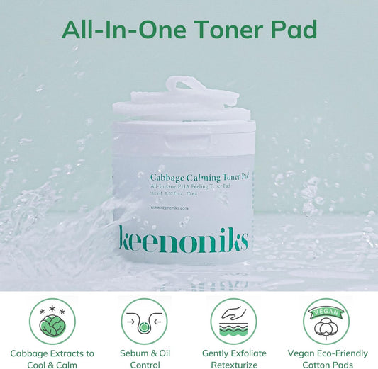 Cabbage Calming Toner Pads – PHA Exfoliating & Cooling Facial Wipes with 150,000ppm Cabbage Extract for Redness Relief & Pore CareㅣKorean Skincareㅣ70 Pads (5.07Oz)