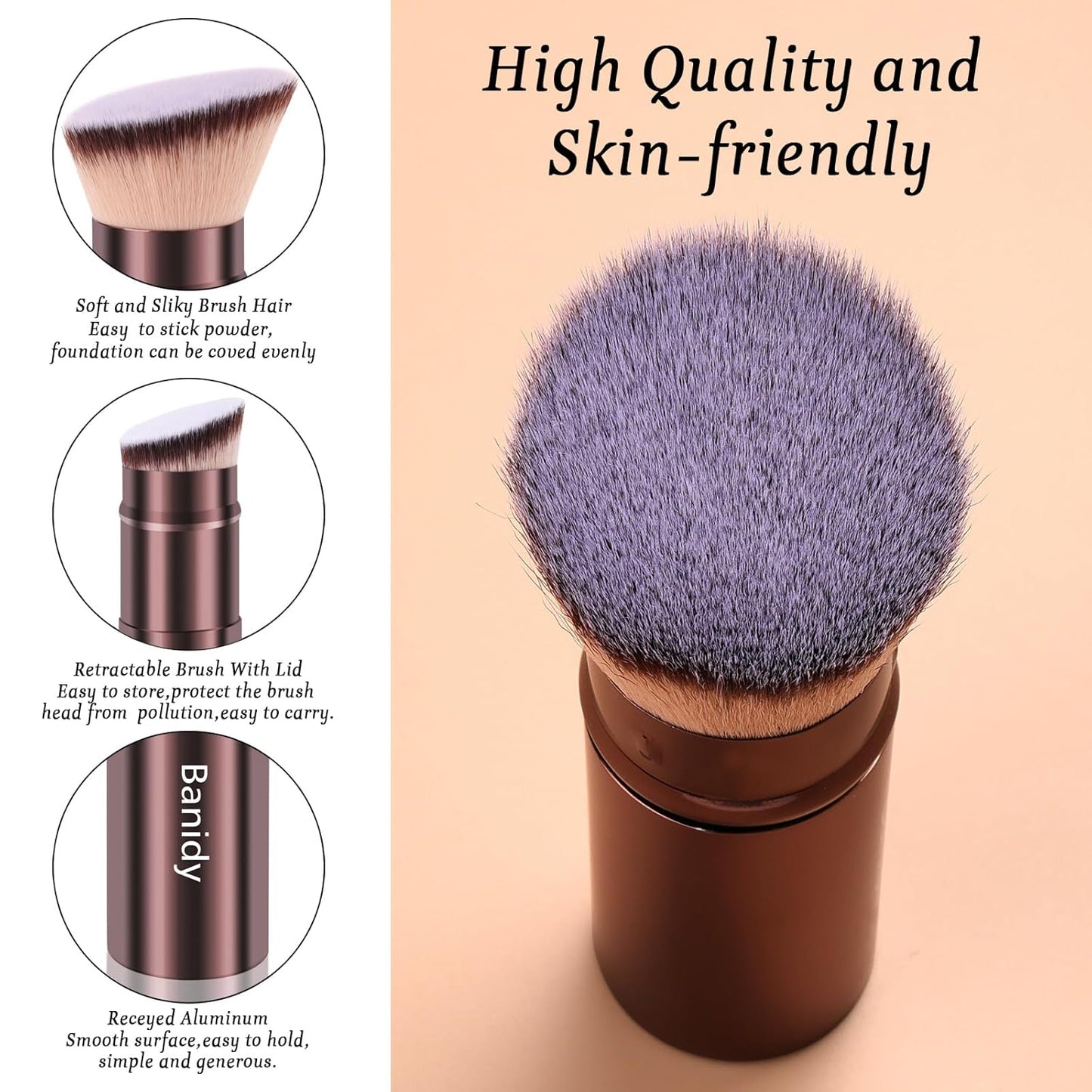 Makeup Brush Kabuki Face Brushes Retractable Travel Blush Kabuki Brush Portable Flawless for Foundation, Powder Blush, Bronzer, Buffing, Liquid, Cream, Cruelty Free with Cover(Brown)