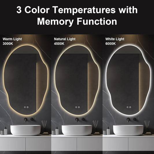 Asymmetrical LED Bathroom Mirror with Lights,Irregular Led Bathroom Vanity Mirror for Wall with Front and Backlit, Anti Fog, 3 Colors and Dimmable Light,[Horizontal/Vertical] 48" H x 30" W
