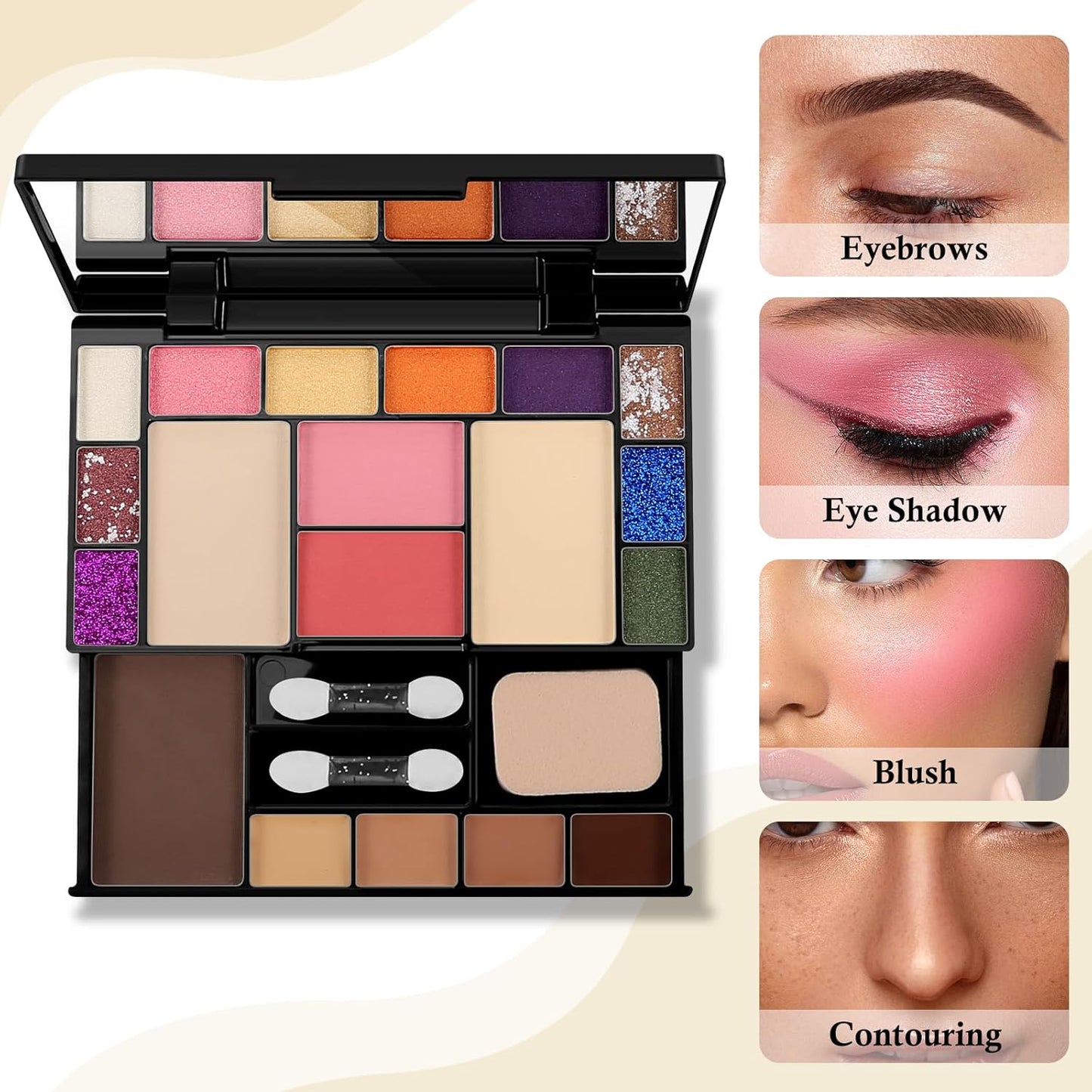 Makeup Palette Set, Makeup Kit for Women, 19 Color Makeup Set Include Matte Glitter Eyeshadow, Contour, Highlighter, Concealer, Eyebrow Powder, Blush, Mirror, Makeup Brush, Sponge