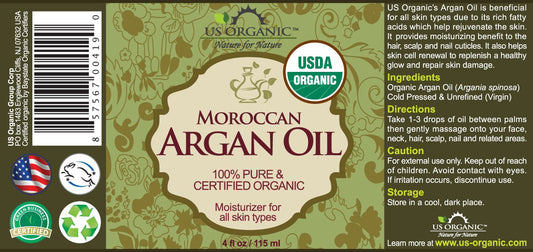 US Organic Moroccan Argan Oil, Cold-Pressed Virgin, USDA Certified, 100% Pure, Unrefined, for Hair, Skin, Nail & Cuticle Care, in Amber Glass Bottle, Sourced from Morocco (4 oz (Large))