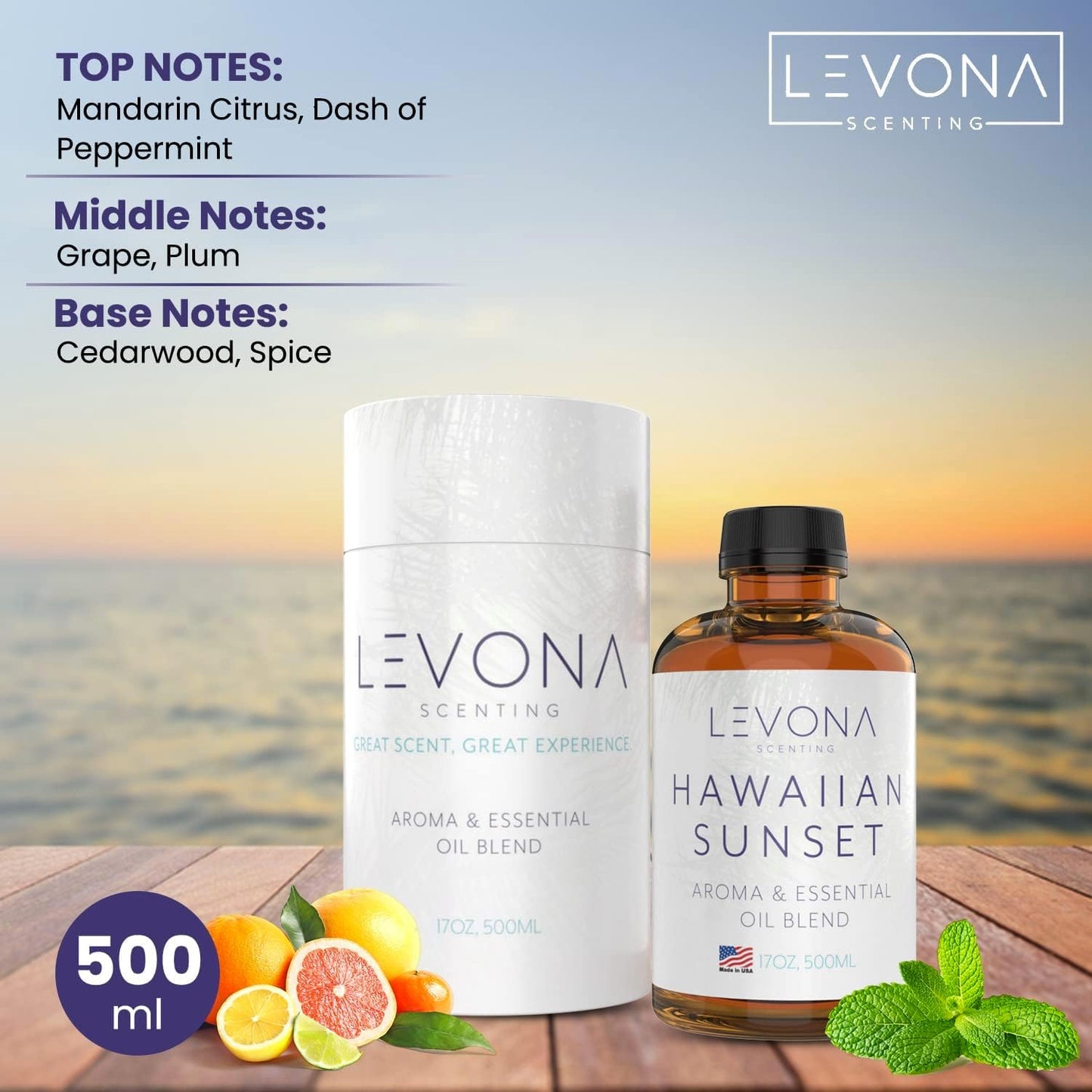 Levona Scent Essential Oils For Diffusers For Home Luxury Scents - Hawaiian Sunset Aroma Oil - Fragrance Oil With Mandarin Citrus + Dash Of Peppermint Essential Oil - 500Ml Oil Diffuser Essential Oils