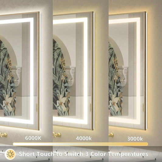 OKPAL 28x32 Gold LED Bathroom Mirror with Lights, Frontlit & Backlit Metal Framed Mirror, Lighted Bathroom Vanity Mirror, Anti-Fog, Dimmable 3 Colors, Shatterproof, Horizontal/Vertical