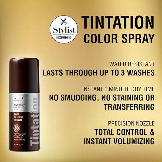 RED by Kiss 1.5OZ. Tintation Temporary Hair Color Spray, Instant Gray Root Cover Up, Water-Resistant, Smudge-Proof, Hairline & Barber Touch-Up, Quick Dry, Travel Size Spray (Medium Brown)