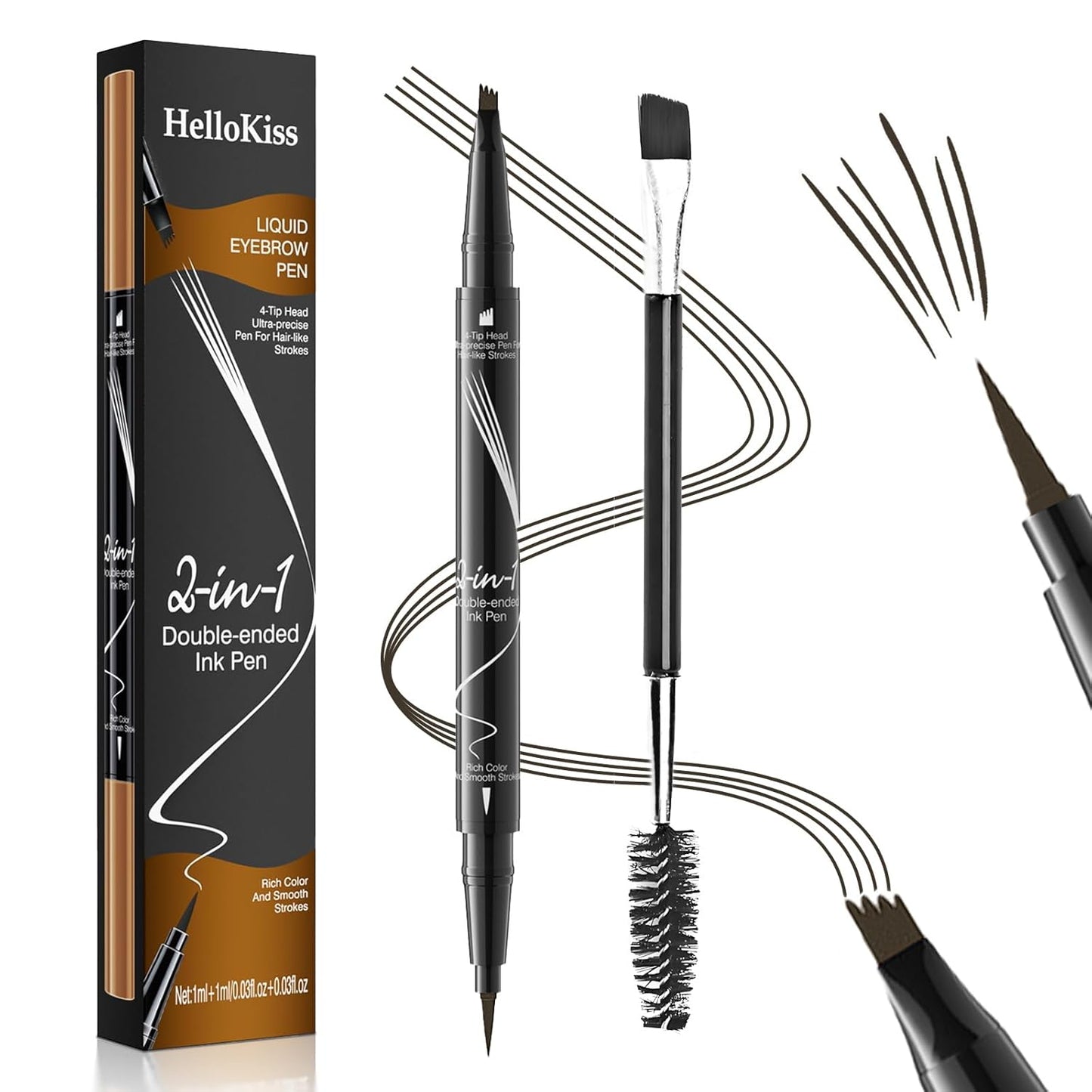 Eyebrow Pen, 2-in-1 Dual-Ended Microblading Eyebrow Pencil, Magical Faux Brow Pen with 4-Fork-Tip & Precise Brush-Tip Create Natural Hair-Like Brow, Waterproof, Stay on All Day, Dark Brown,1Pcs