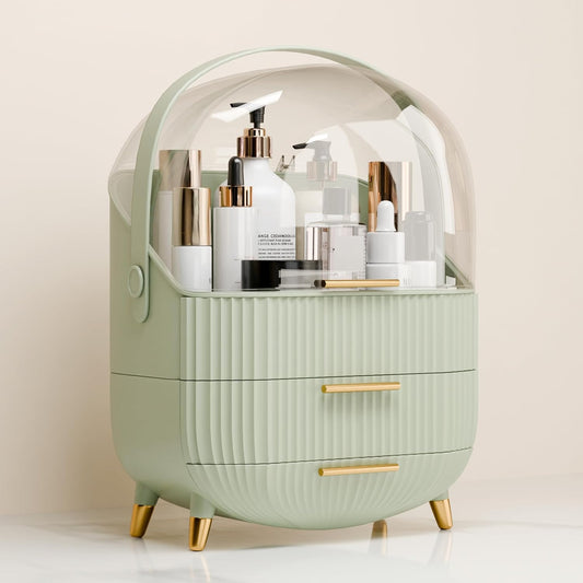 Makeup Organizers and Storage, Make up Organizer for Vanity Cosmetics Skincare Organizers With Lid and Drawers Display Cases for Countertop（Light Green）