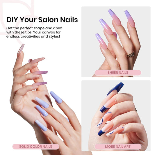 Beetles Tipex Instant Apex Nail Tips, 2 Boxes 256 PCS (Total 512 PCS), Pre-etched Long Coffin Acrylic Gel Nail Tips, Thick Clear Full Cover False Nails