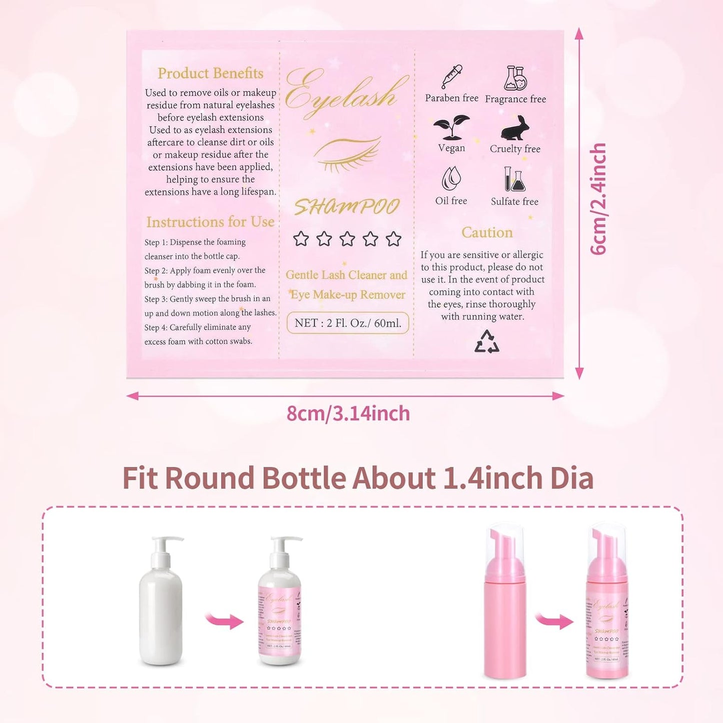 100 Pcs Lash Shampoo Bottle Brushes Set 20 Empty Foam Pump Dispensers 20 Label Stickers 20 Mascara Wands and Tubes 20 Cleansing Brush 20 Bag for Eyelash Extensions Aftercare(Pink)