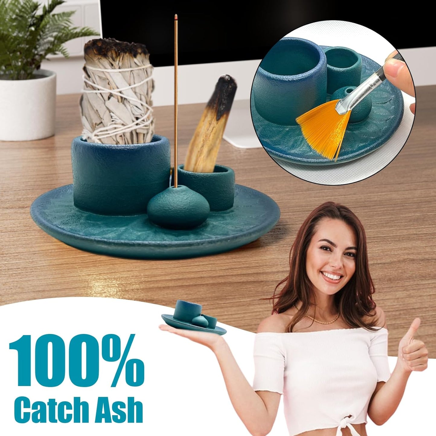 Palo Santo Holder - 4 in 1 Incense & Candle Holder - Ceramic Incense Holder Ash Catcher Tray for Meditation Room - Easy to Clean (Blue)