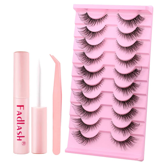 FADLASH False Eyelashes Kit Black Natural Cat Eye Lashes with lash bond Wear Comfortable Fake Lashes with Thin Band 10 Pairs Lash Applicator Tool at Home, BY003