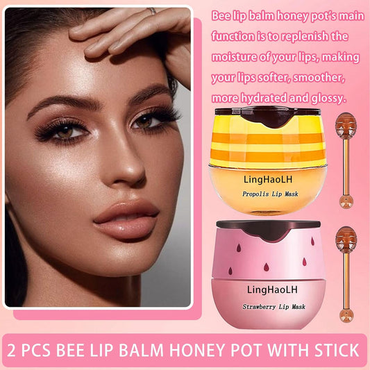 2PCS Bee Lip Balm,Hydrating Honey Pot Lip Balm with Stick,Non-Greasy Silky Sleeping Lip Mask Set,Long Lasting Lip Scrubs Moisturizer for Dry Cracked Lips（Honey ＋Strawberry）