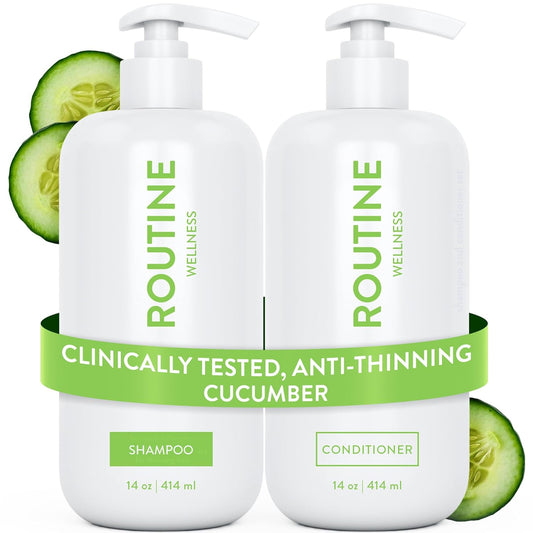 Routine Wellness Anti-Thinning Shampoo and Conditioner Set for Thinning Hair - Biotin DHT Blocker Women & Men - Color Safe Shampoo for Hair Loss & Healthier Hair - Cucumber (Pack of 2)