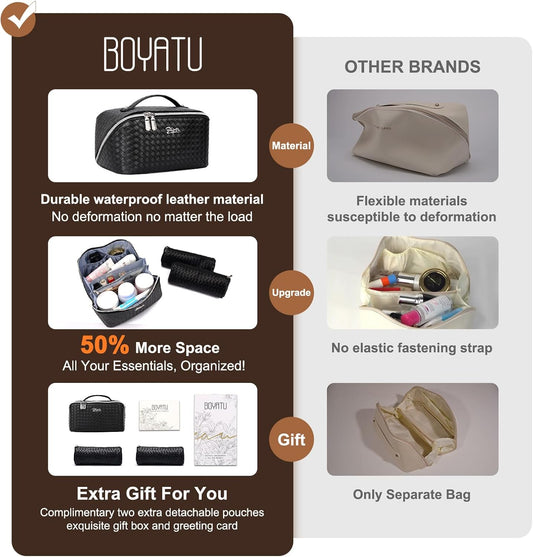 BOYATU Travel Makeup Bags for Women: Large Cosmetic Bag - PU Leather Make up Bag Set of 3 - Compact Toiletry Organizer with Compartments (L03 Black)
