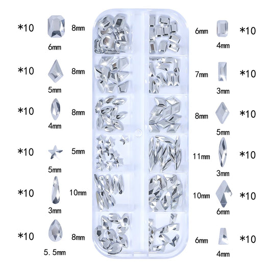 HNUIX Nail Rhinestones - 3D Multi Shape Size, Silver Nail Gems and Charms, Flat Back Crystal, with Kit, for Nail Art, DIY Decorations