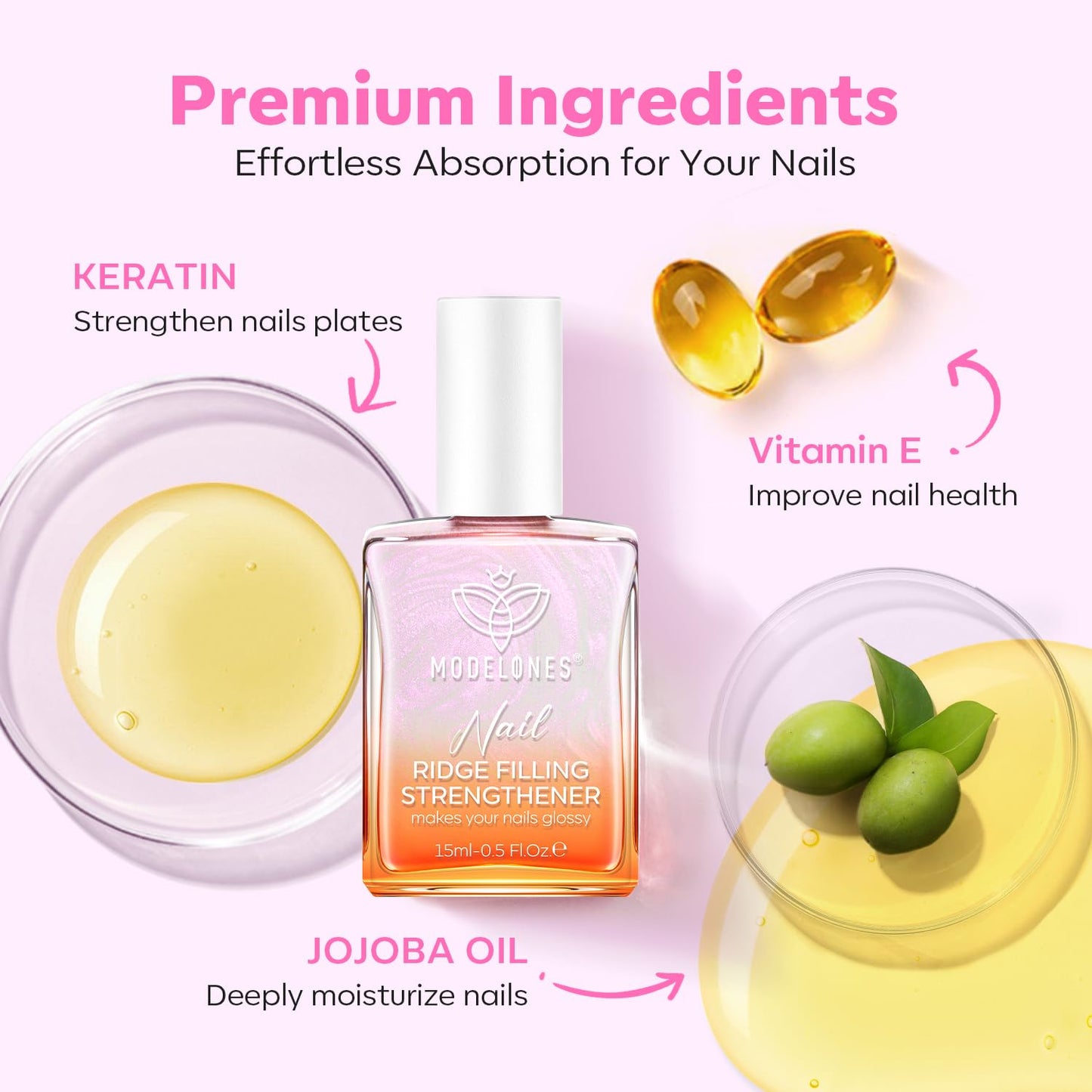 modelones Nail Strengthener Pearl Pink Nail Strengthener and Growth White Nail Polish for Thin Weak & Damaged Nail Repair for Damaged Nails Hardener 15ml