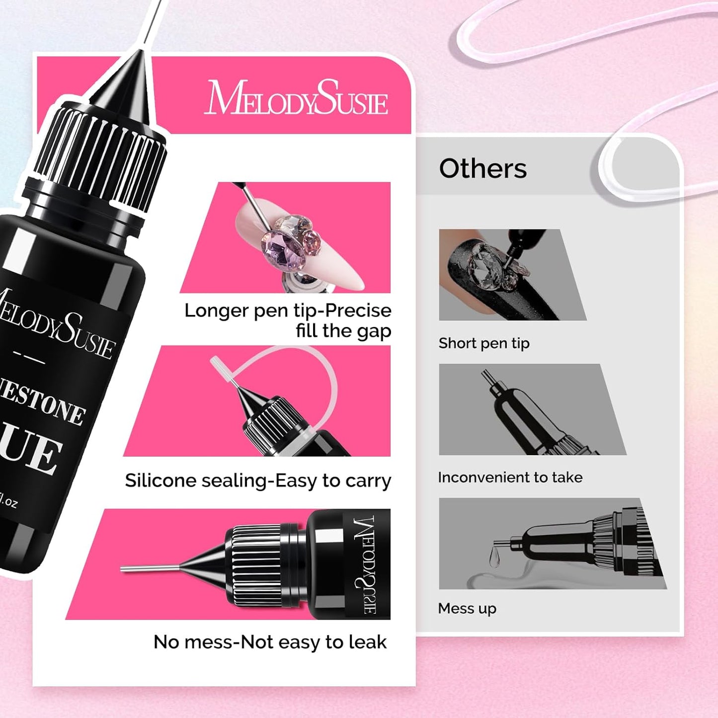 MelodySusie Nail Rhinestone Glue, 3D Gel Nail Art Design Strong Adhesive Nail Gem Glue for Nail Charms Gems Jewelry Decoration DIY Manicured at Home Cured Need Beauty Gifts for Women 30ml