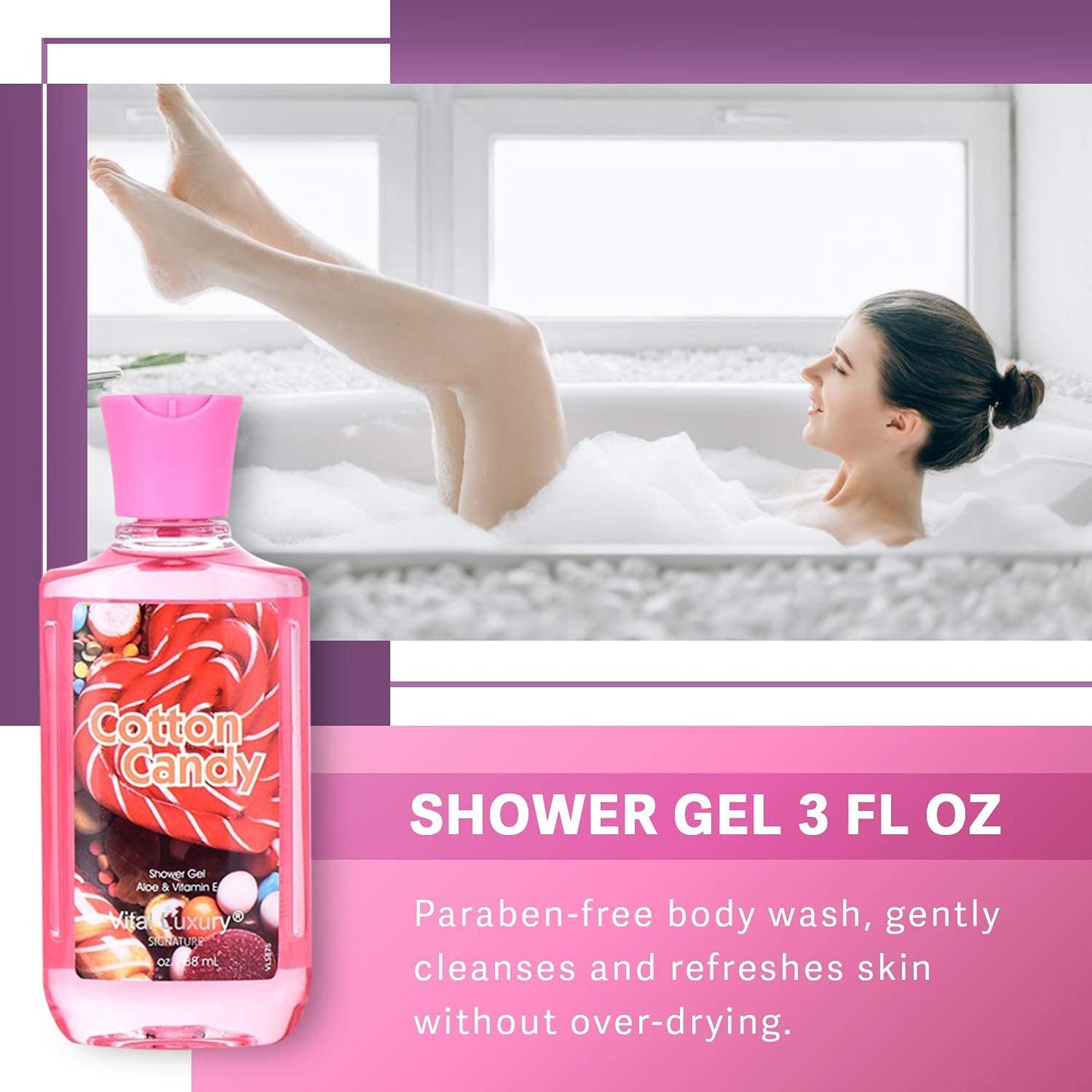 Bath & Body Care Travel Set - Home Spa Set with Body Lotion, Shower Gel and Fragrance Mist, Valentines Day Gifts for Her and Him(Cotton Candy)