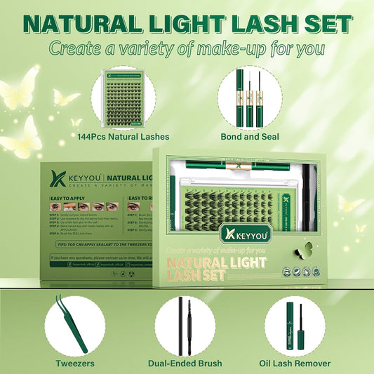 KEYYOU Natural Lash Clusters Kit 144Pcs DIY Lash Extension Kit Wispy Eyelash Extensions Kit D Curl 8-18MIX with Bond and Seal and tweezers with Thin Lash Band(KIT-N03-D-8-18MIX)