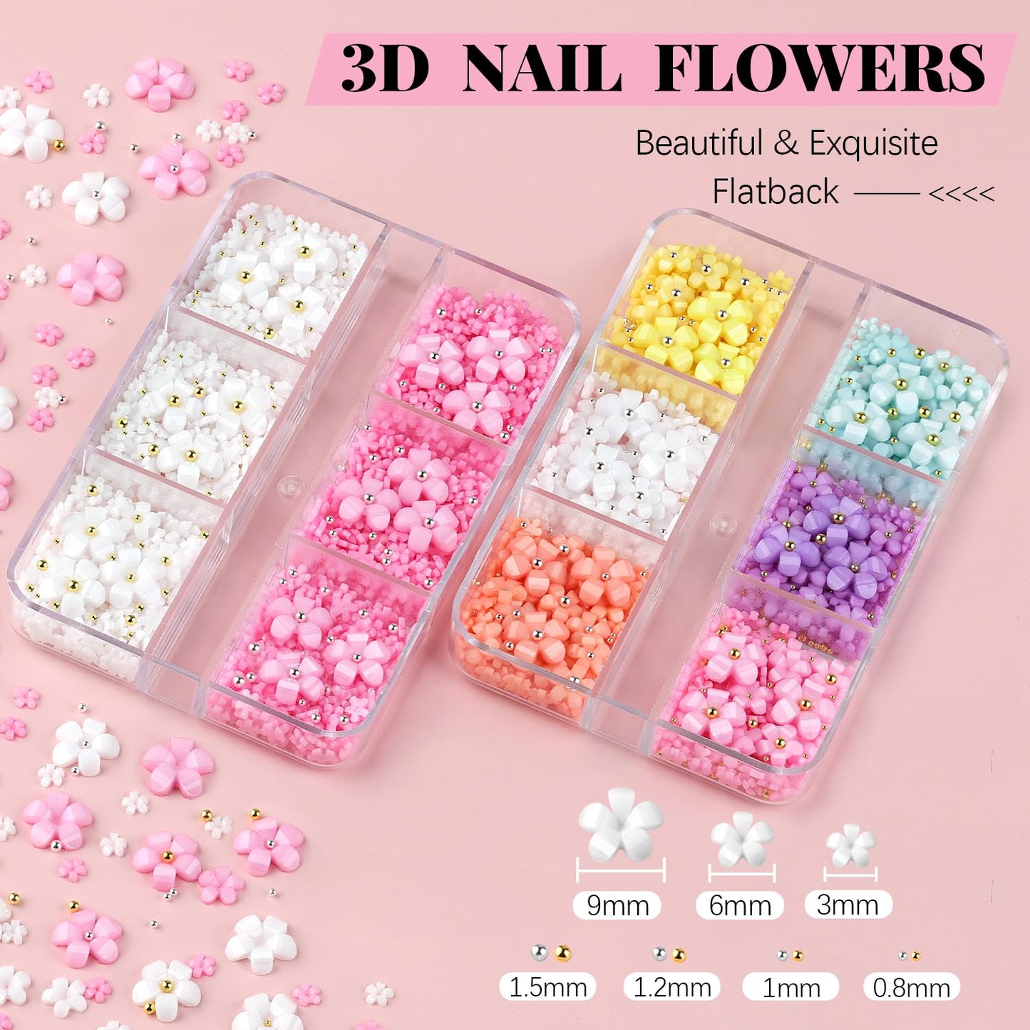 3D Flowers, Manicure Kit with Nail Rhinestone Glue Gel, Colorful Acrylic Flower Nail Charms with Caviar Beads, Rhinestones for Nails with Gem Glue for Nails (UV/LED Needed) with Dotting & Pickup Tools