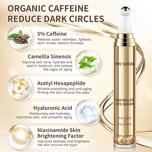 Caffeine Eye Serum, 0.67 Fl. Oz. Under Eye Cream for Dark Circles and Puffiness Eye Care Eye Serum Anti Aging with 360° Massage Ball Reduce Eye Bags, Wrinkles and Fine Lines