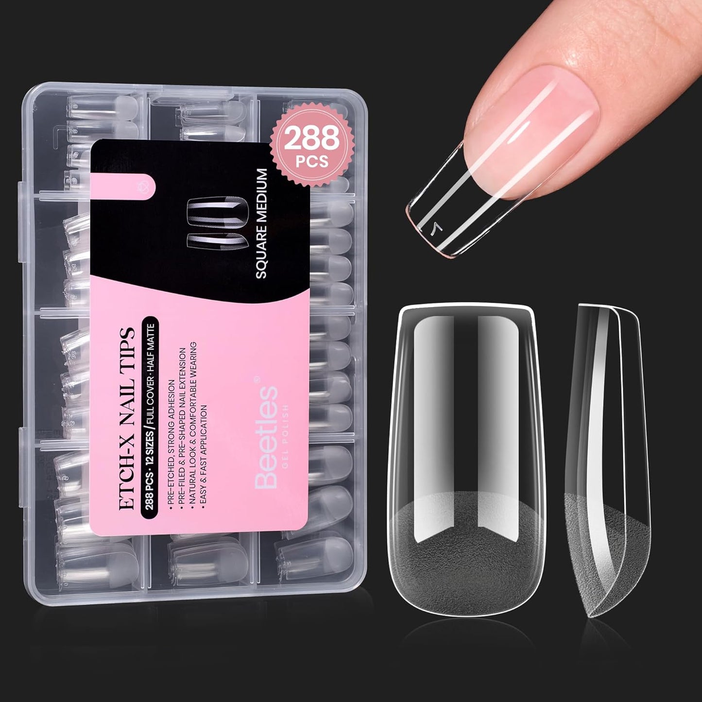 Beetles Gel Nail Tips Etch-X, Square Medium, 288Pcs 12 Sizes, Pre-Etched Half Matte Soft Acrylic False Nail Tips Full Cover Easy DIY Fake Press On Fall Nail Extension Salon Gift for Women