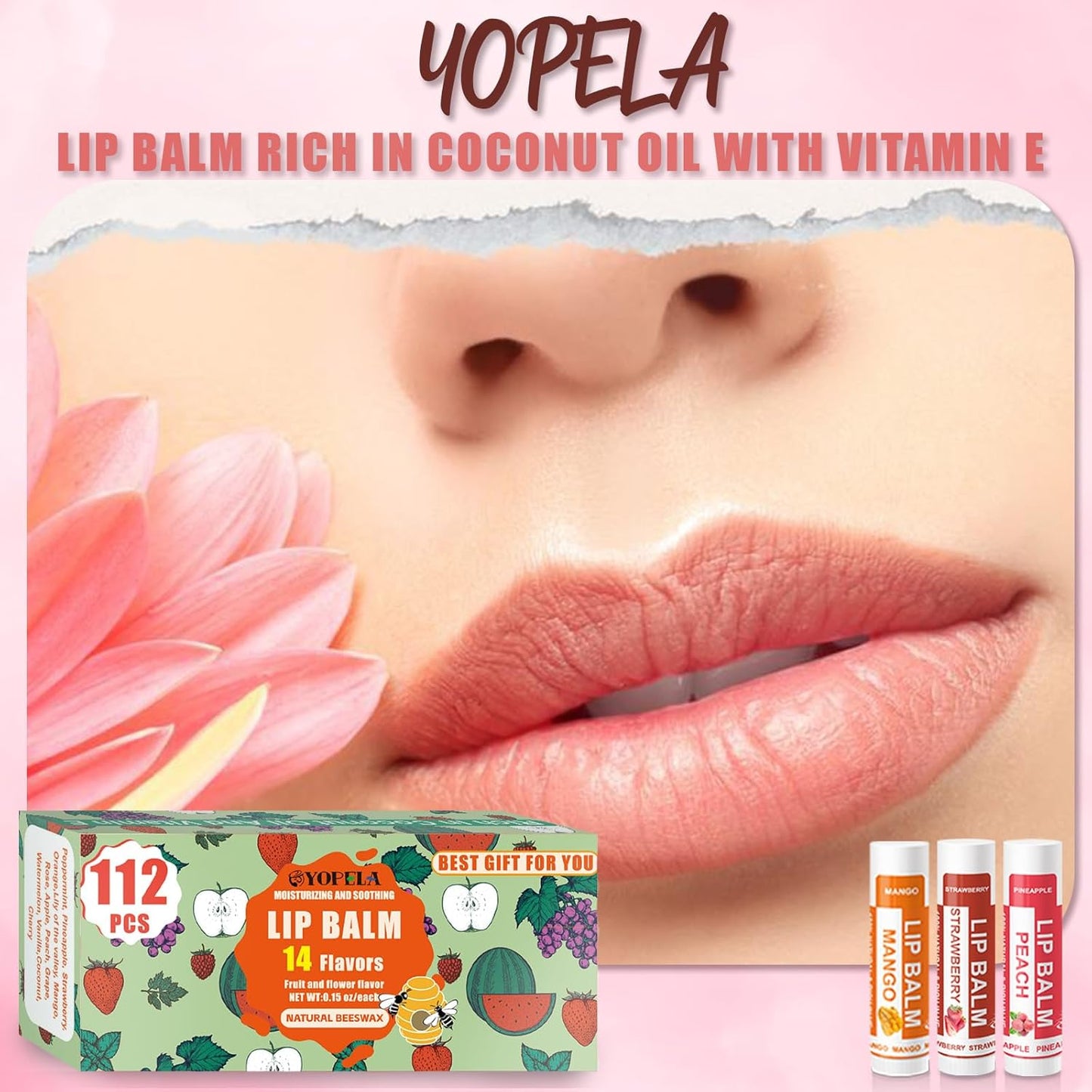 YOPELA 112 Pack Natural Lip Balm Bulk Lip Moisturizer with Vitamin E and Coconut Oil - Hydrating, Moisturizing, Soothing, and Repairing Dry and Chapped Lips Valentine's Gift - 14 Flavors - Non-GMO