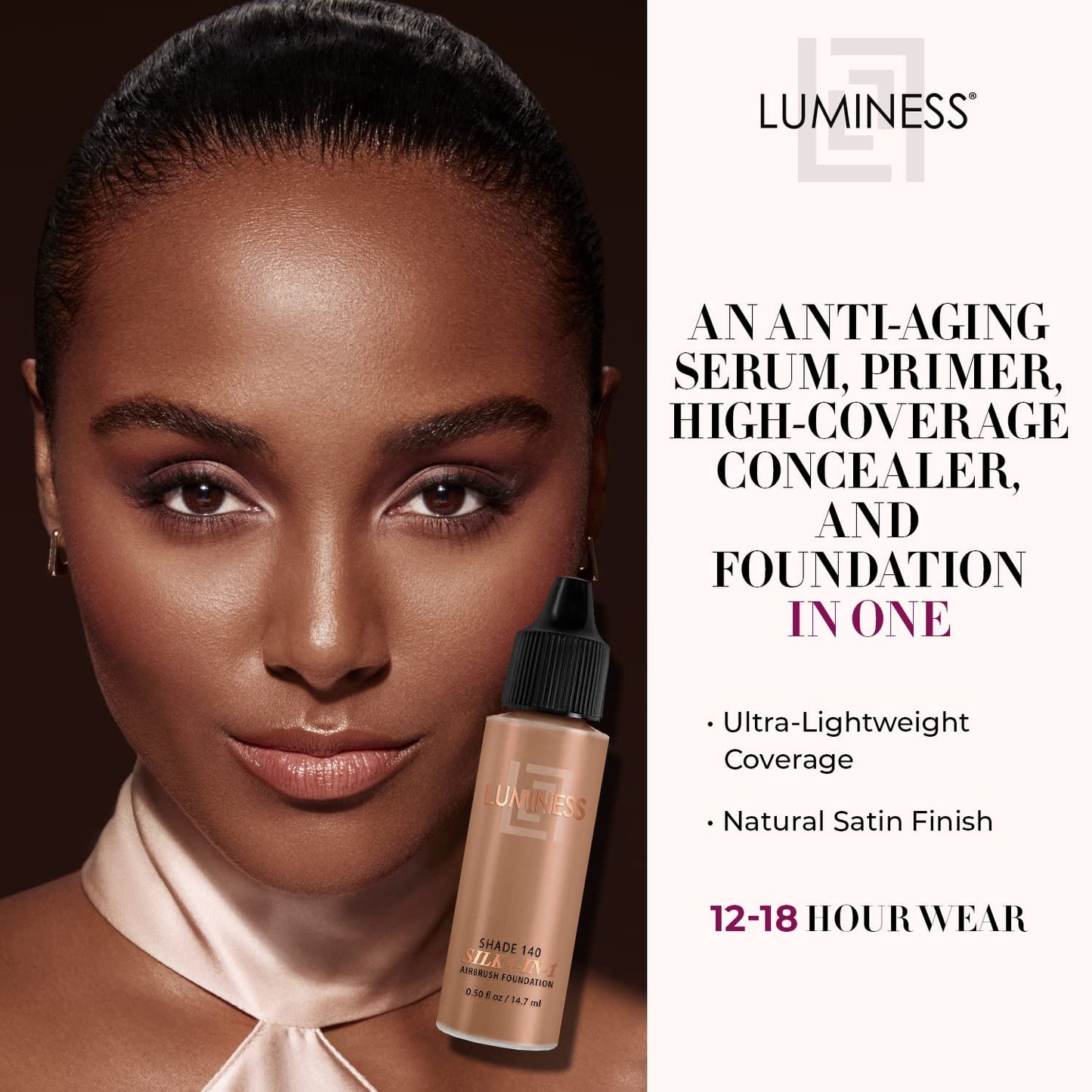 Luminess Air Silk 4-In-1 Airbrush Foundation- Foundation, Shade 140 (.5 Fl Oz) - Sheer to Medium Coverage - Anti-Aging Formula Hydrates and Moisturizes - Professional Makeup Kit for Cordless Air Brush