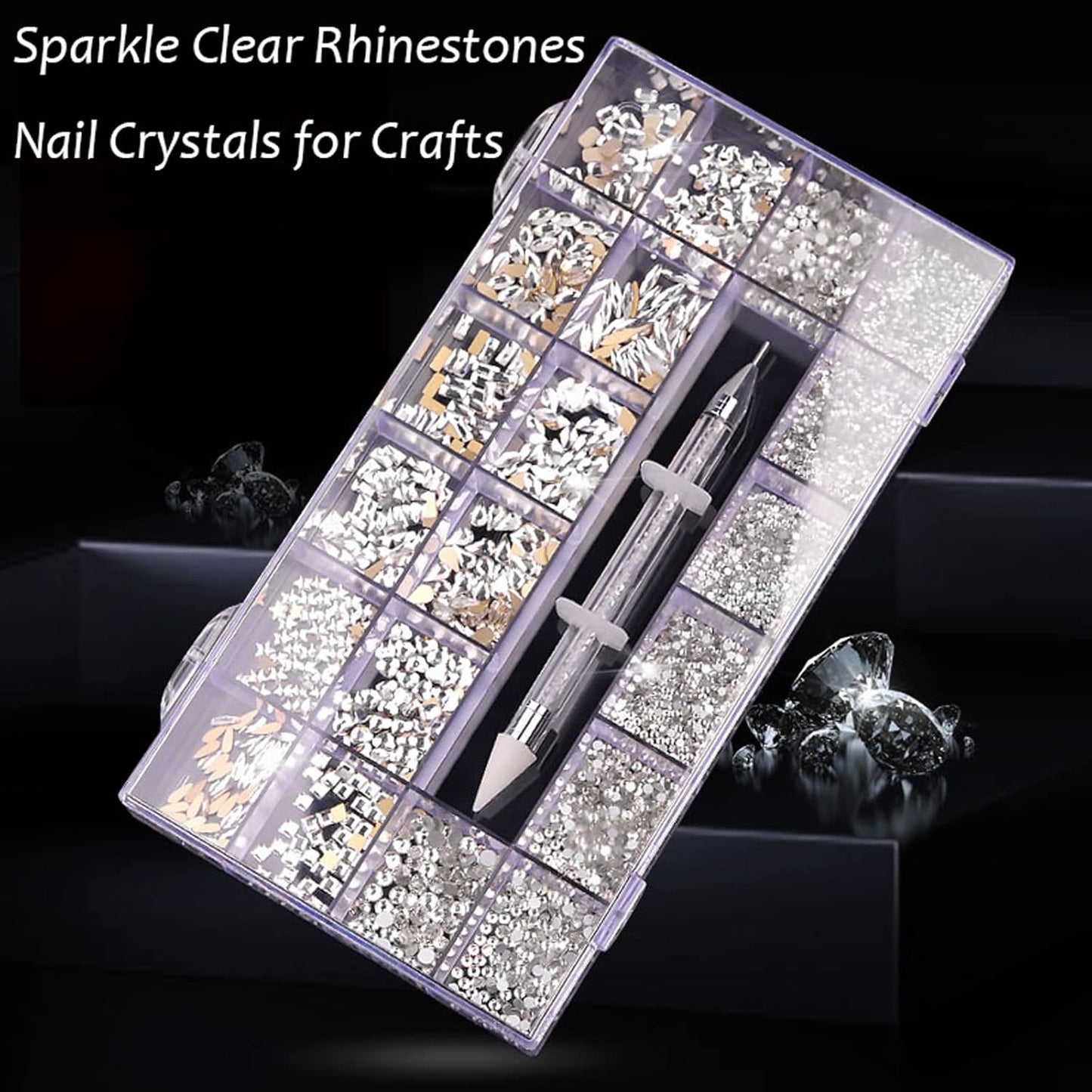 Nail Rhinestones Kit, Nail Art Decorations with Wax Pencil Flat AB Rhinestones Kit DIY Crafts Gemstones for Nail, Shoes, Clothes, Jewels (600 Black Diamonds + 2500 Flat Rhinestones)