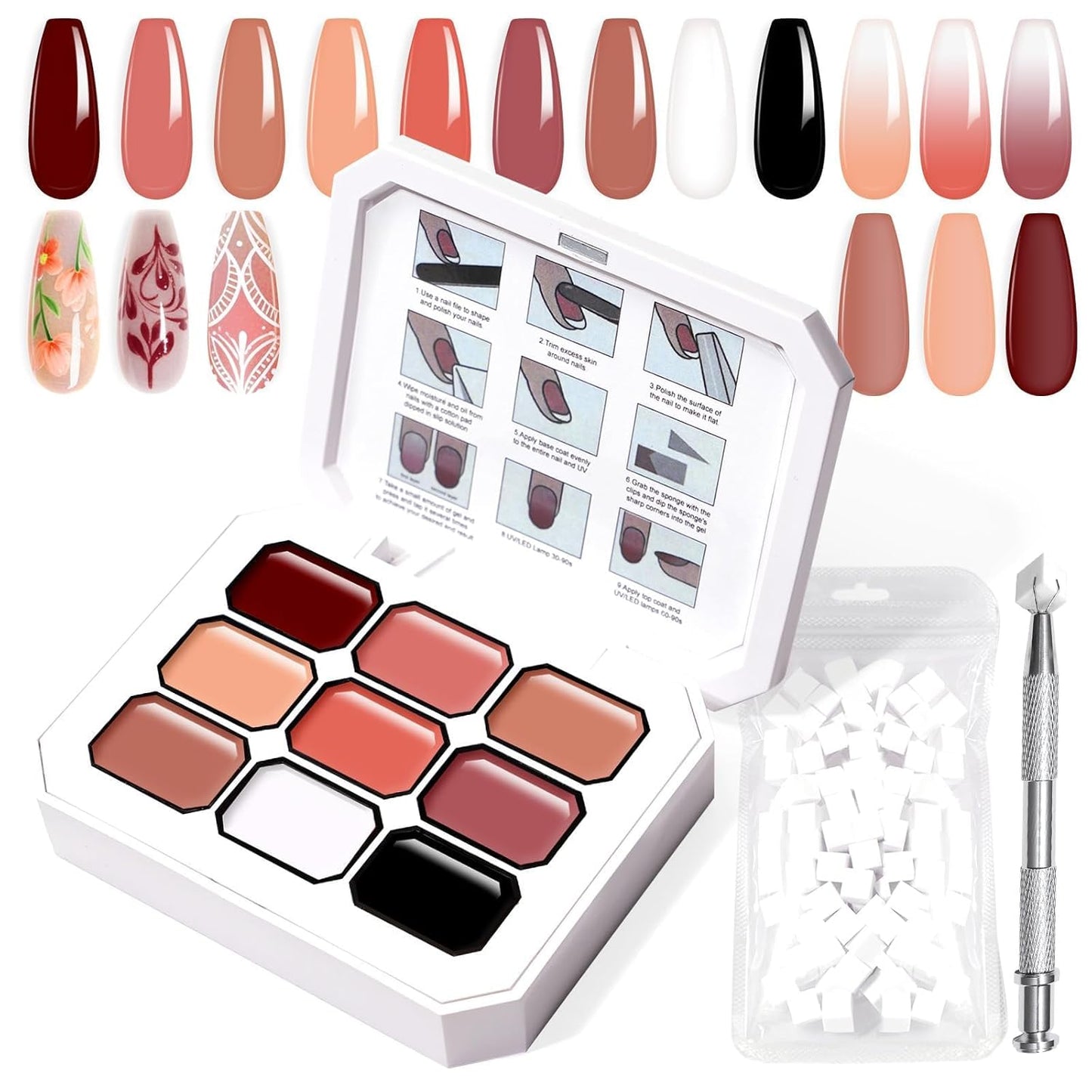 Gradient Painting Gel, 9 Colors Ombre Gel Nail Polish Include Almond Nude Black&White Sponging for Pigment Pat Kit Aura Nails, French Manicure DIY Terracotta Blush Set