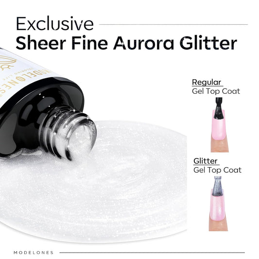 Modelones Glitter Gel Top Coat, Ultra Fine White Aurora Clear Glitter Gel Polish Glossy Sparkle Finish Long Lasting Soak Off Pearlescent Shimmer Manicure Nail Art Gift for Women Girls
