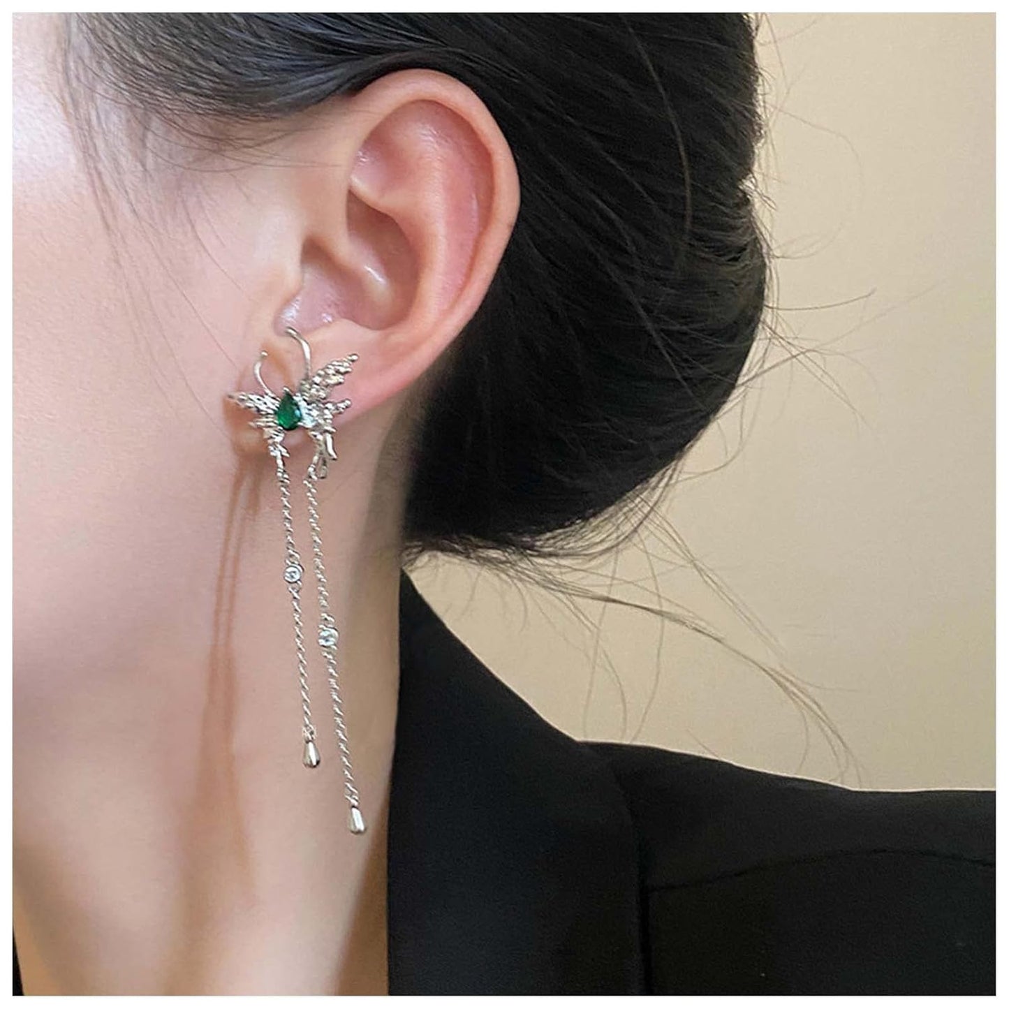 Vintage Emerald Butterfly Earrings Silver Chain Tassel Drop Earrings Butterfly Emerald Stud Earings Long Cz Chain Earrings Jewelry for Women and Girls