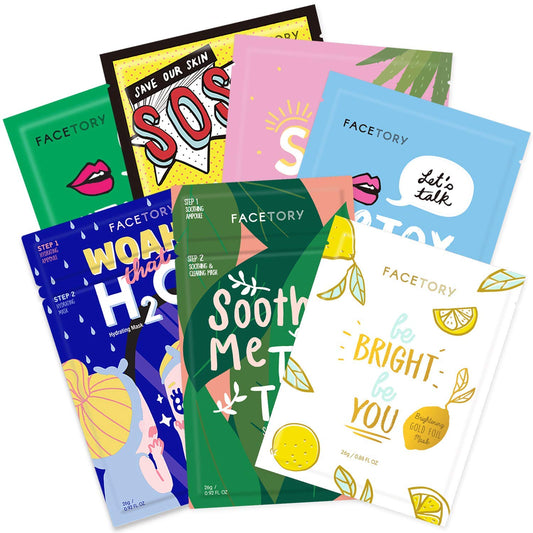 FACETORY Deluxe Self-Care Mask Bundle with 3 Nourishing Hair Masks, 7 Hydrating Face Sheet Masks, and 3 Softening Body Masks for Dry, Cracked Skin