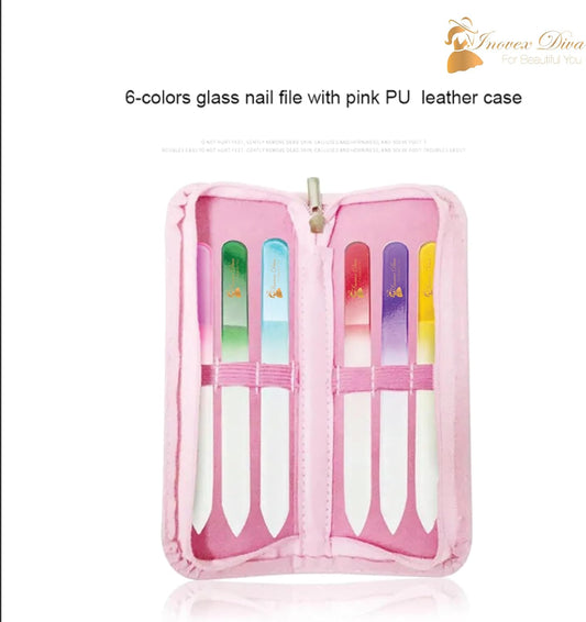 6 Pack Crystal Glass Finger nail File with PU Leather Bag, Professional Czech Glass acrylic Nail File & Nail Buffers, Nail File for Shiny, Natural & Acrylic Nails, Nail Care Tools Gifts by INOVEX Diva