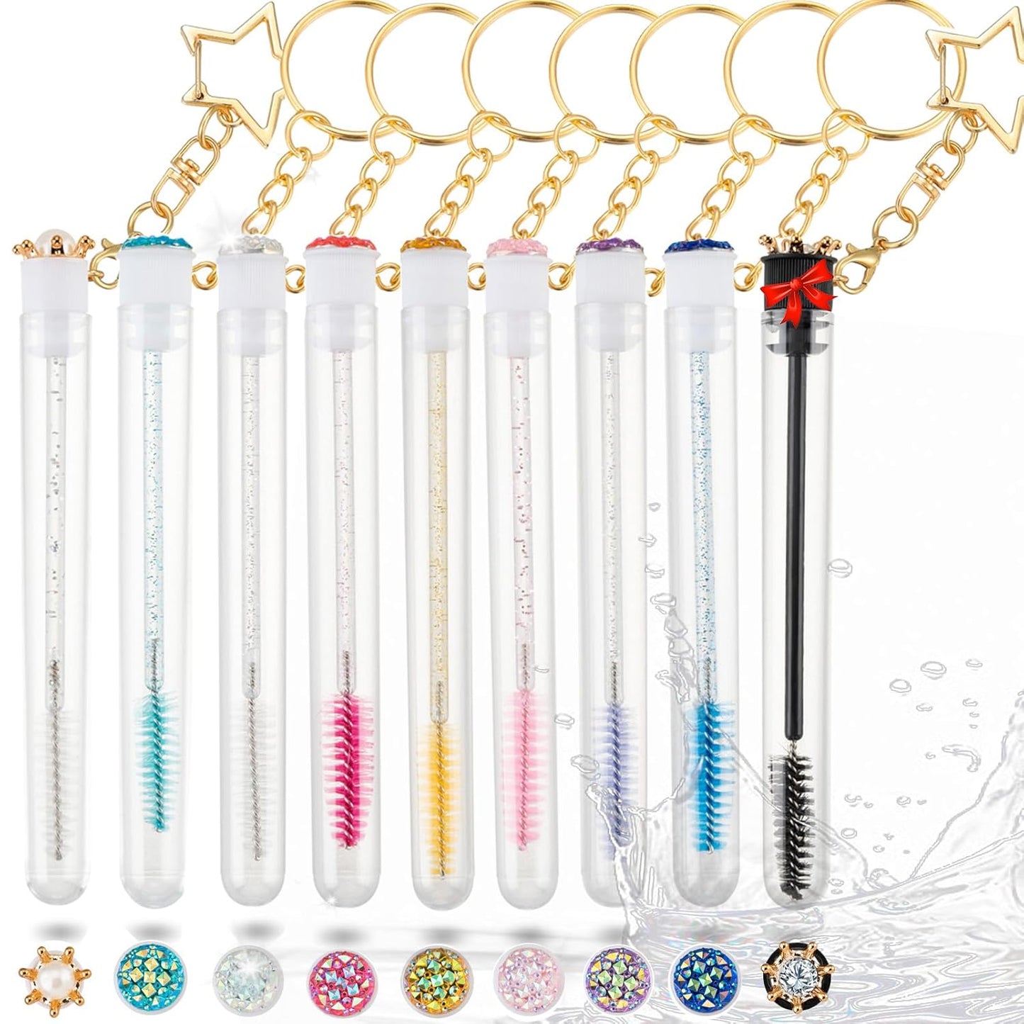 Upgrade 48 Pieces Disposable Mascara Wands Set,Extremely Durable Diamond Mascara for Women and Girls- Include 24 Pcs Crystal Lash Spoolies Brush and 24 Pcs Reusable Keychain Empty Eyelash Brush Tubes